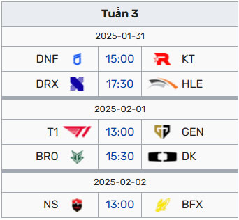 Lịch thi đấu LCK 2025 tuần 3